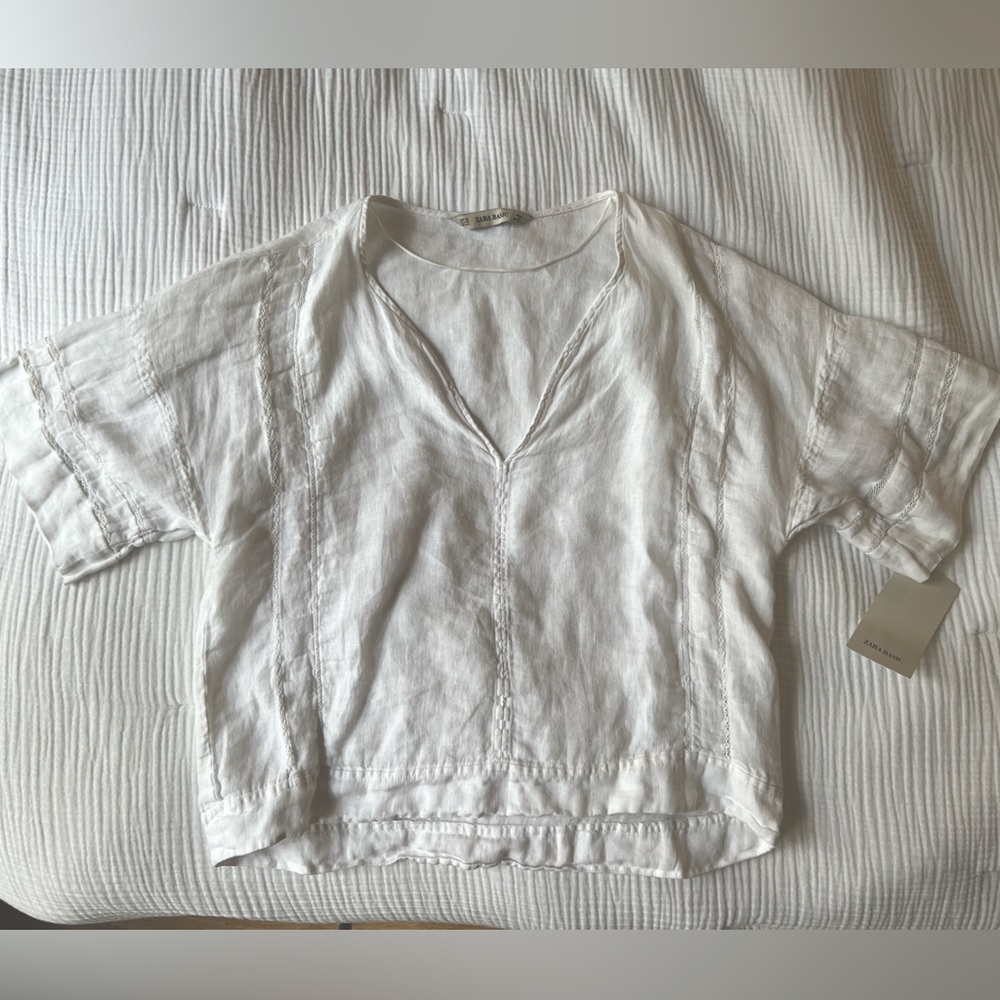 NWT Zara White V-neck 100% LINEN Peasant Top, size XS